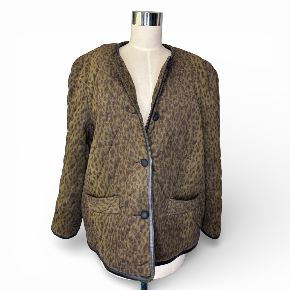Vintage Nina Quilted Leopard Cheetah Print‎ Coat With So Black Leather Piping M